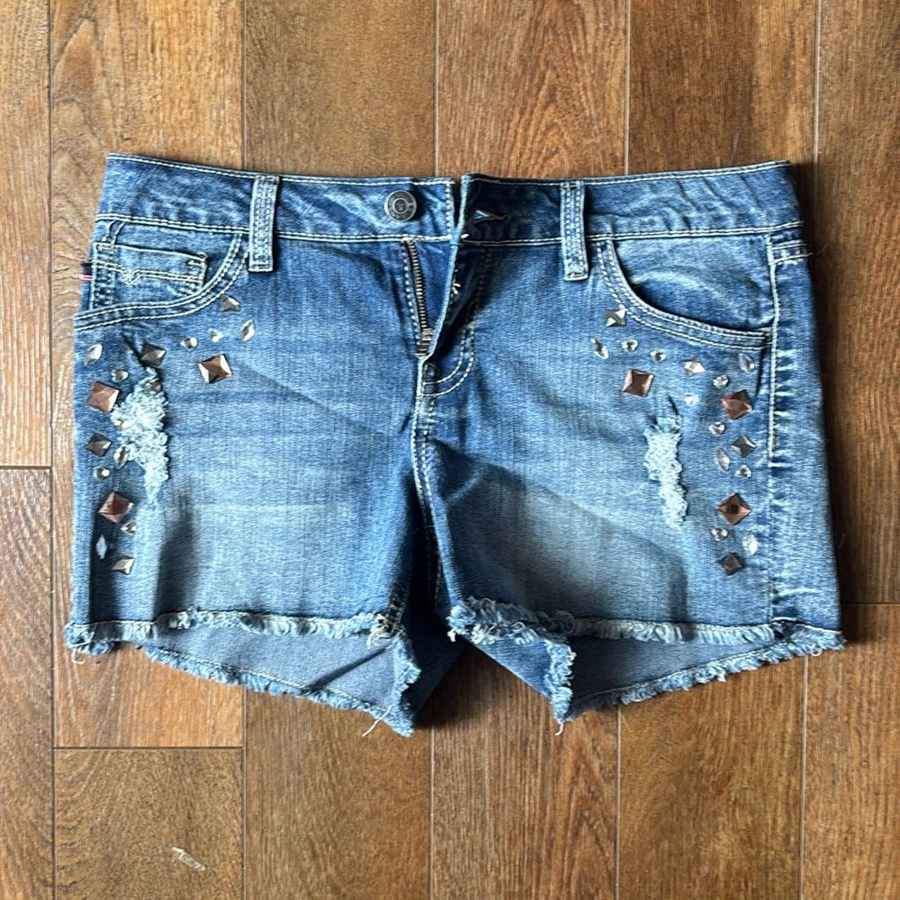 Denim shorts with rhinestones in front
